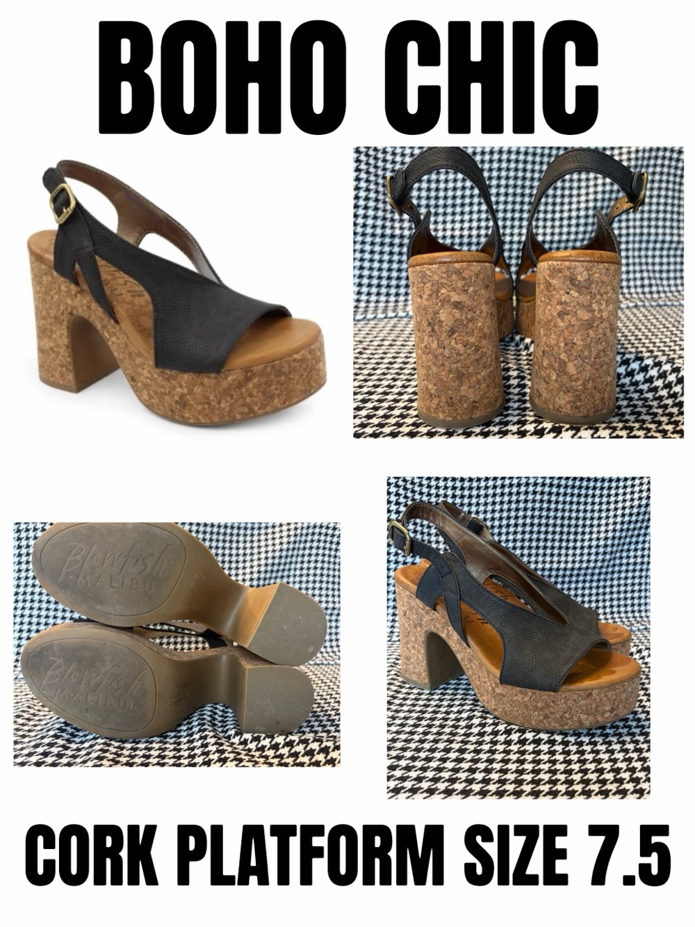 Blowfish Black Cork Platform Slingback Sandals
